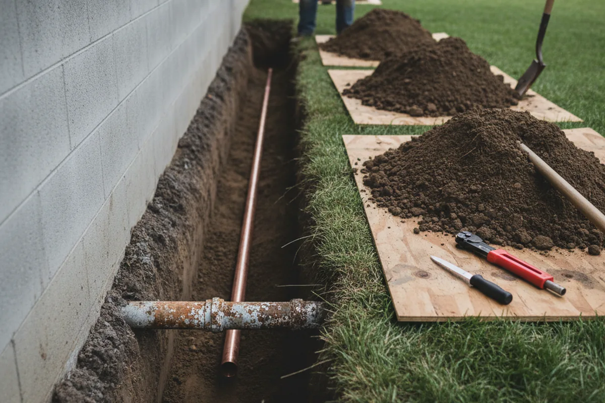 Excavated water line trench during Water Softener Installation in Grizzly Flats
